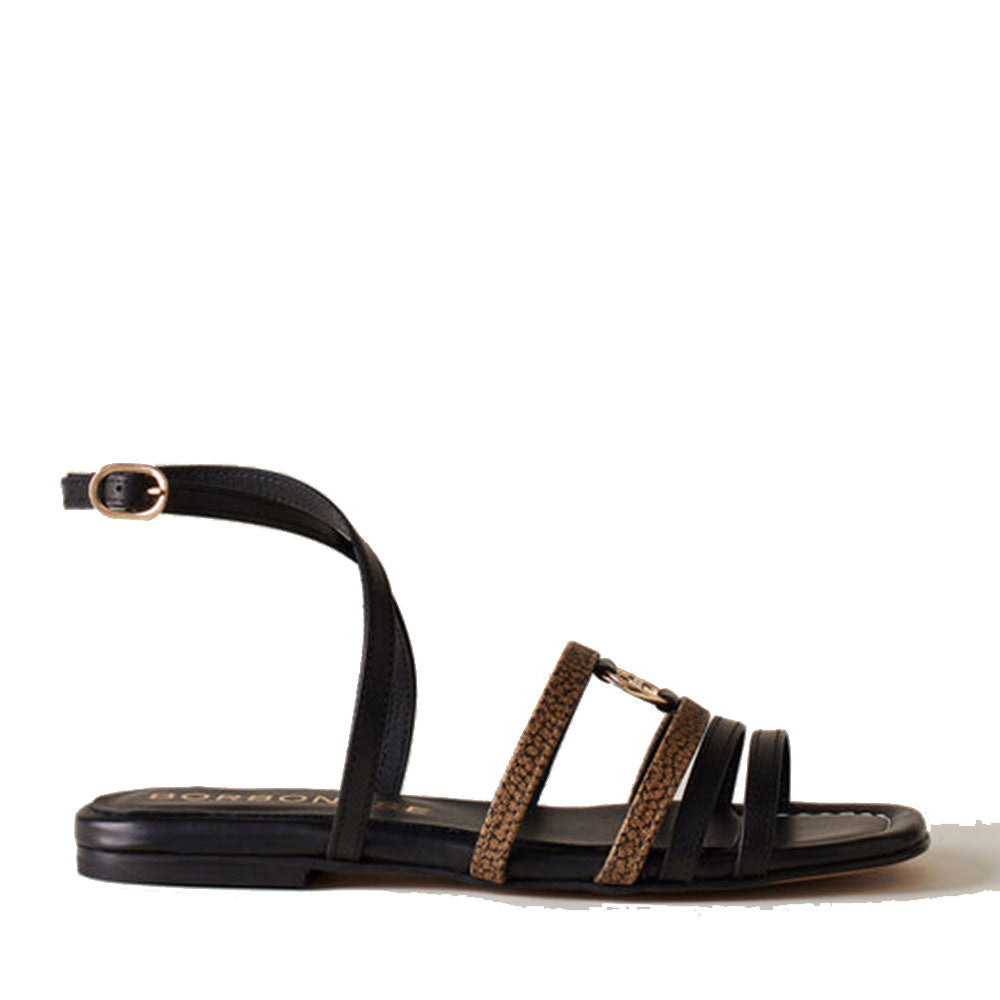Scarpe Donna BORBONESE Sandali in Pelle Nera e Tela Rivestita OP Naturale
