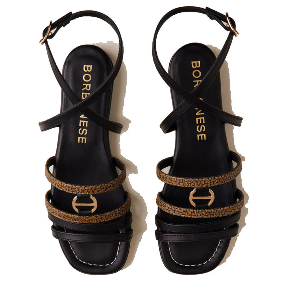 Scarpe Donna BORBONESE Sandali in Pelle Nera e Tela Rivestita OP Naturale