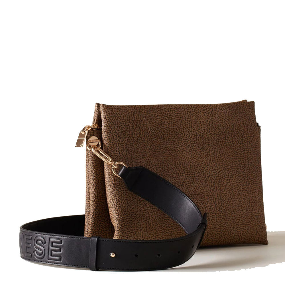 BORBONESE Damen-Umhängetasche Oyster Graffiti-Linie aus beschichtetem Canvas und natürlichem und schwarzem OP-Leder