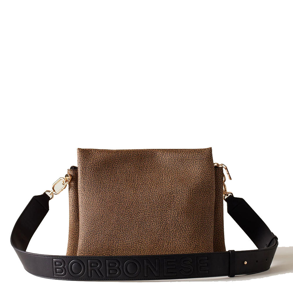 BORBONESE Damen-Umhängetasche Oyster Graffiti-Linie aus beschichtetem Canvas und natürlichem und schwarzem OP-Leder