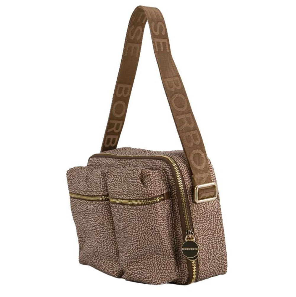 Borsa Donna a Tracolla BORBONESE linea Cruise Jet Op in Tessuto Beige e Marrone