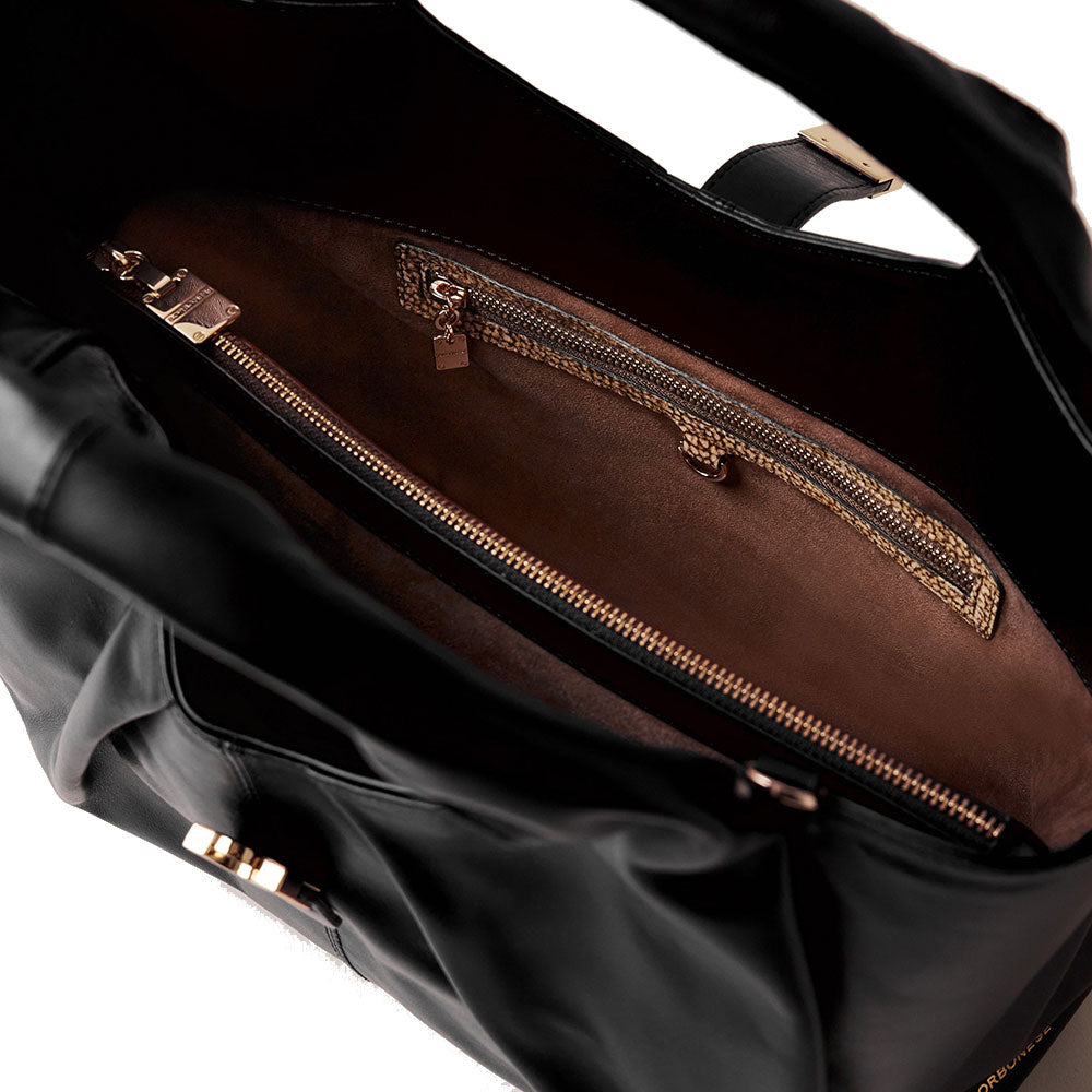 BORBONESE Mittelgroße Damenhandtasche der Cortina-Linie aus schwarzem Nappa-Kalbsleder