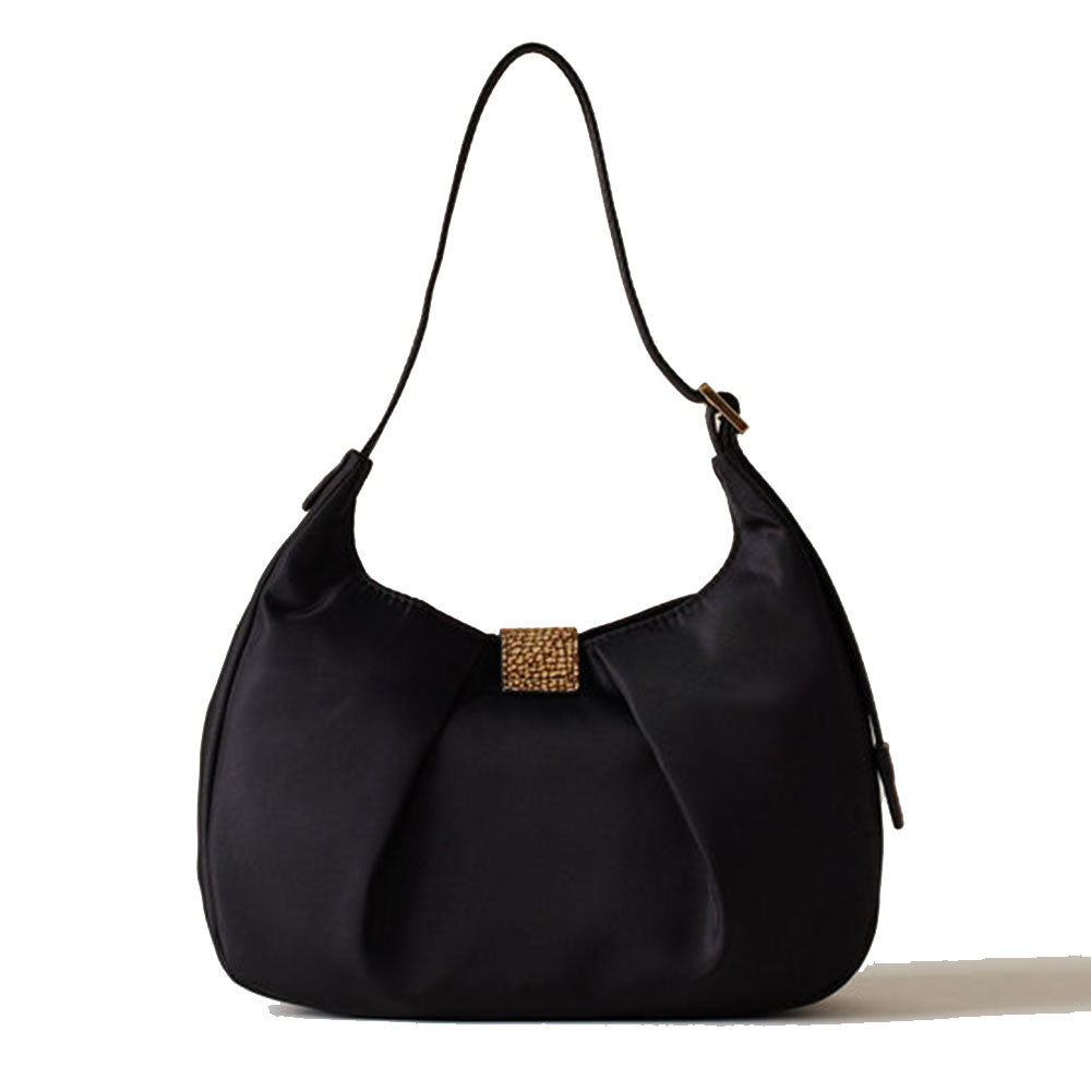 Women's Small Fabric Hobo Bag BORBONESE Cortina in Black and OP Natural