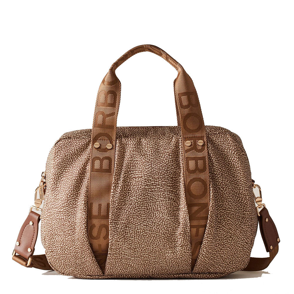 BORBONESE Damenhandtasche, Cloudette Medium-Linie, aus beigem und braunem Jet Op-Stoff