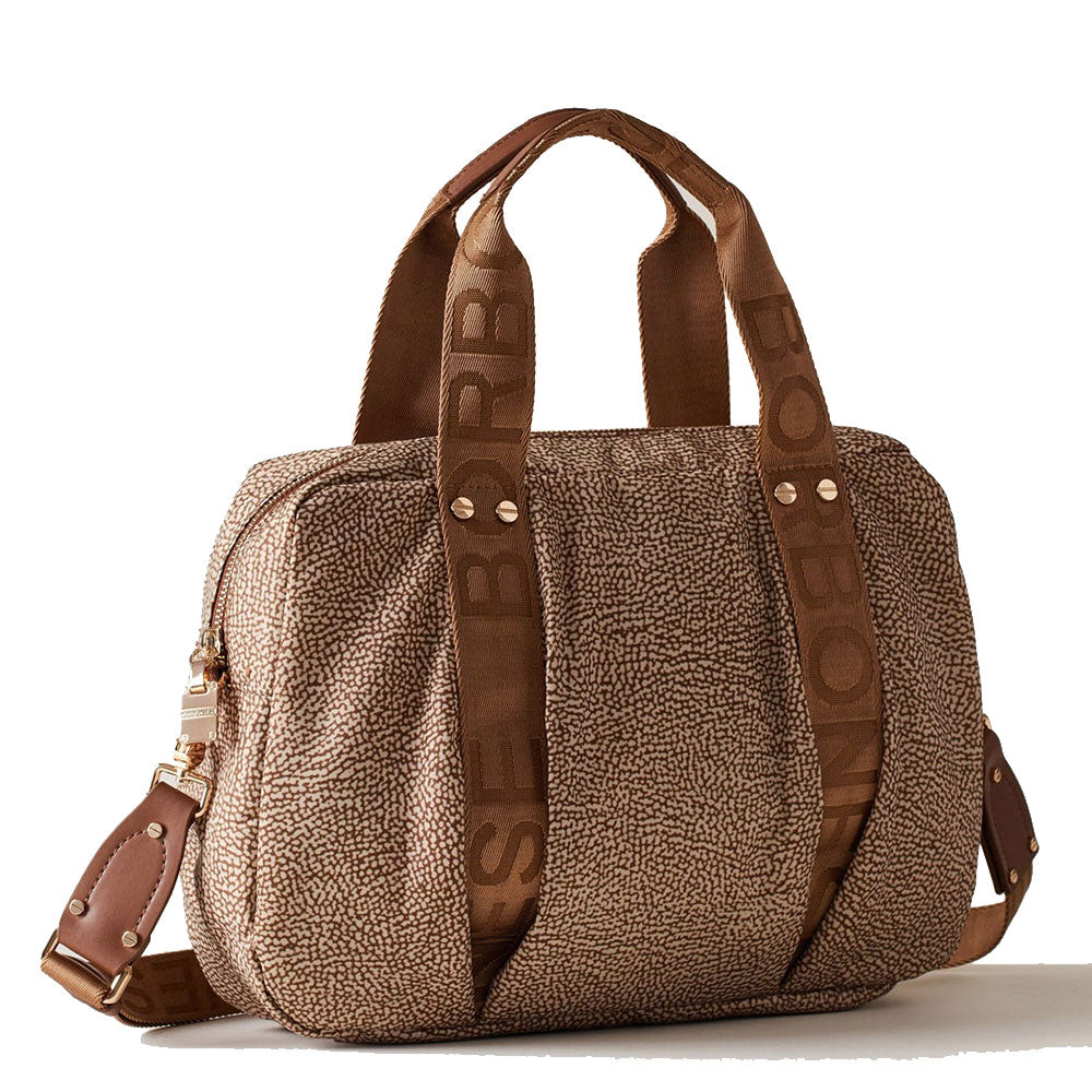 BORBONESE Damenhandtasche, Cloudette Medium-Linie, aus beigem und braunem Jet Op-Stoff