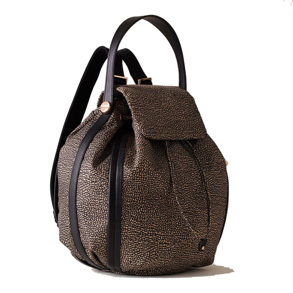 BORBONESE Mittelgroßer Damenrucksack der neuen Orbit-Linie aus Nylon und Leder in der Farbe OP Natural Black