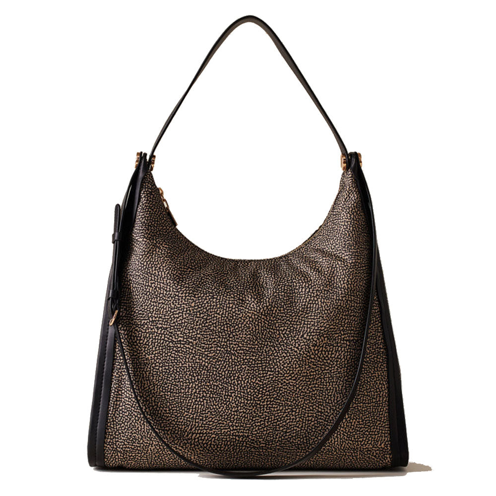 Borsa Donna Hobo Media BORBONESE linea New Orbit in Nylon e Pelle colore OP Naturale Nero