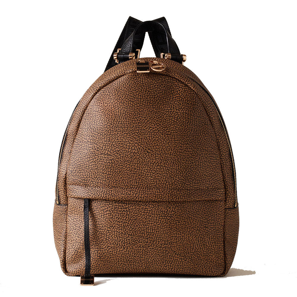 BORBONESE Damenrucksack Bolt Medium aus OP-beschichtetem Canvas und schwarzem Leder