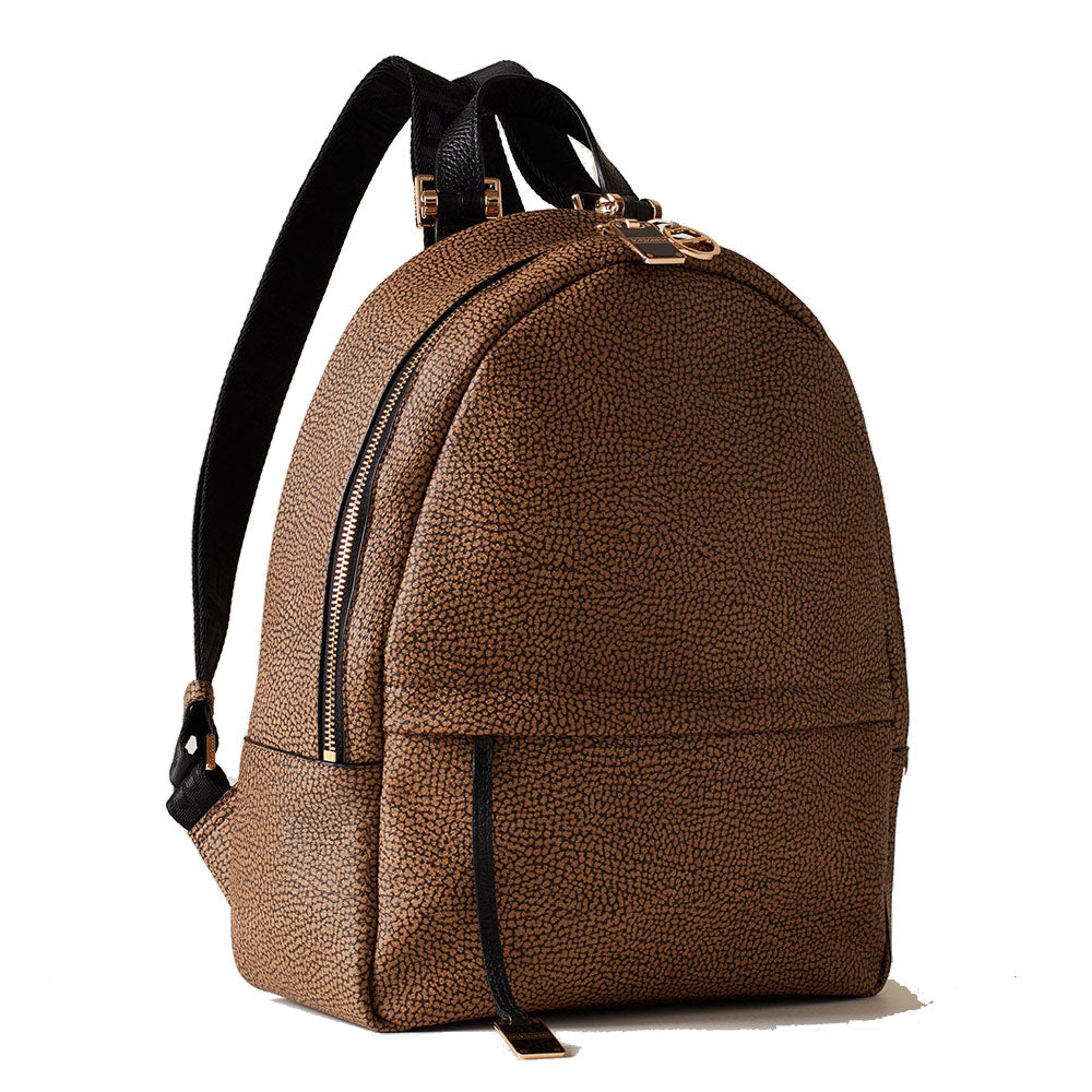 BORBONESE Damenrucksack Bolt Medium aus OP-beschichtetem Canvas und schwarzem Leder