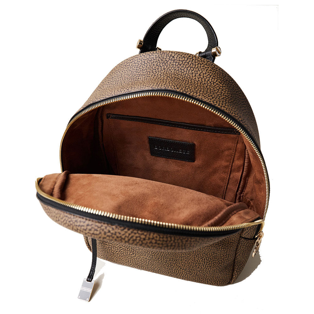 BORBONESE Damenrucksack Bolt Medium aus OP-beschichtetem Canvas und schwarzem Leder