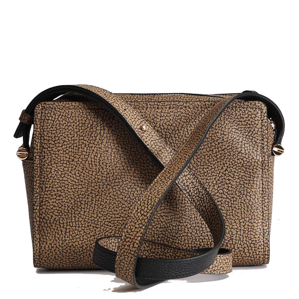 BORBONESE Damen-Umhängetasche Bolt Medium aus OP-beschichtetem Canvas und schwarzem Leder