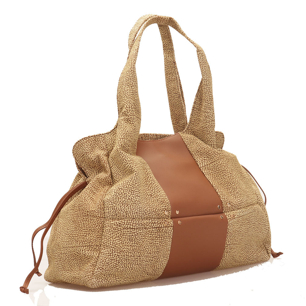 BORBONESE Damen-Hobo-Umhängetasche Savile Large aus Wildleder mit Jet Op-Print und hellbraunem Leder