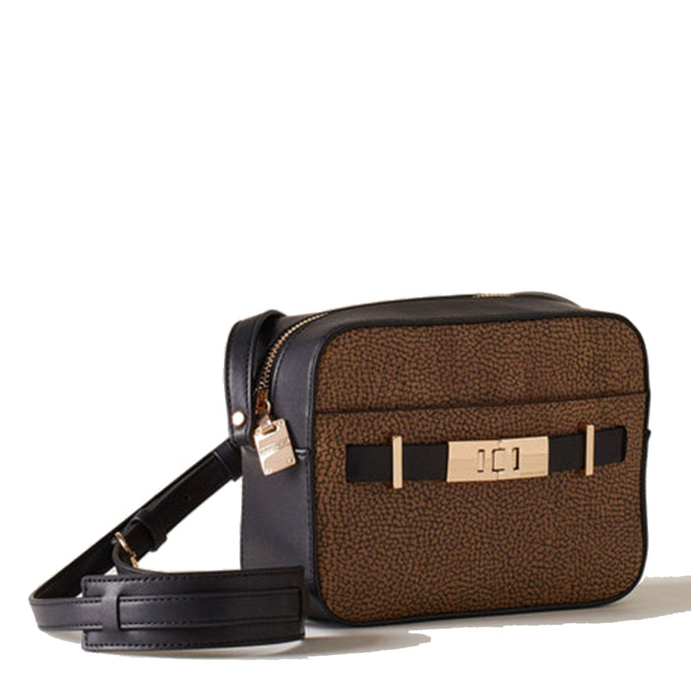 BORBONESE Damen-Kameratasche aus der Out Of Office-Linie aus naturbelassenem OP-beschichtetem Canvas und schwarzem Leder