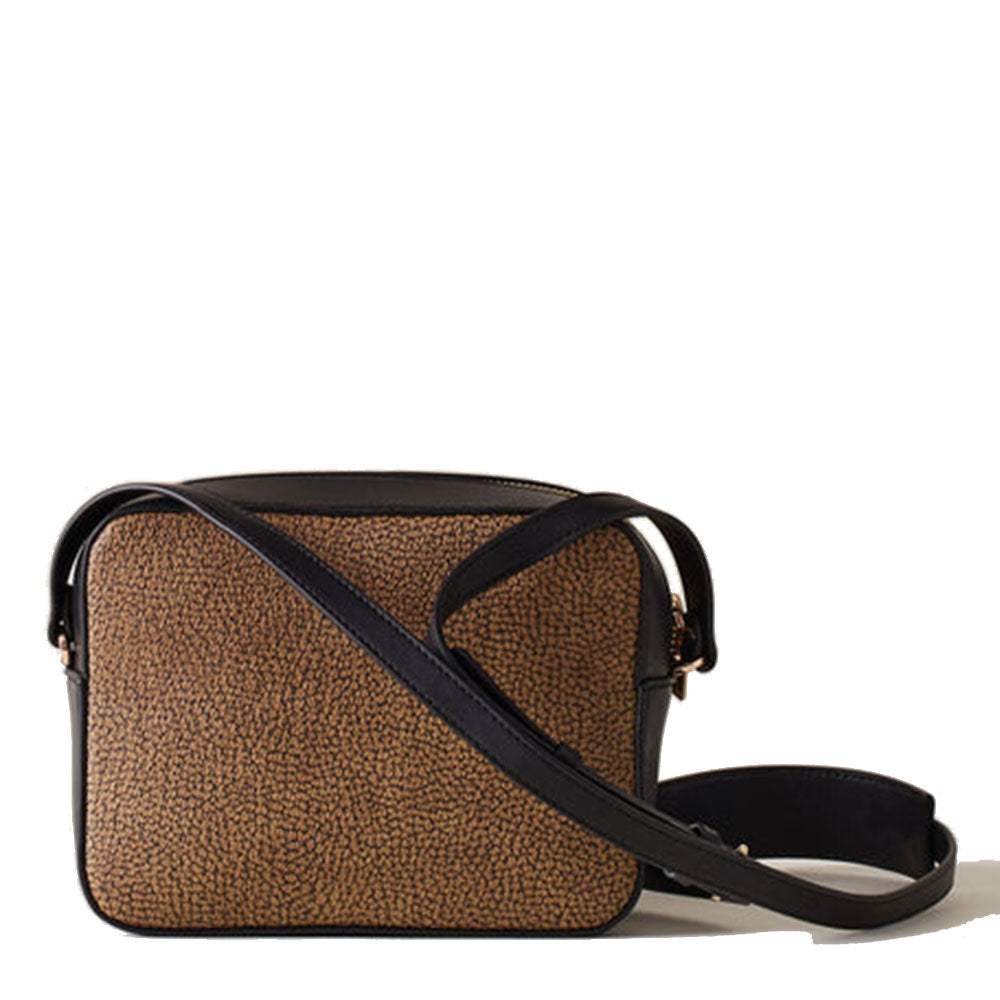 BORBONESE Damen-Kameratasche aus der Out Of Office-Linie aus naturbelassenem OP-beschichtetem Canvas und schwarzem Leder