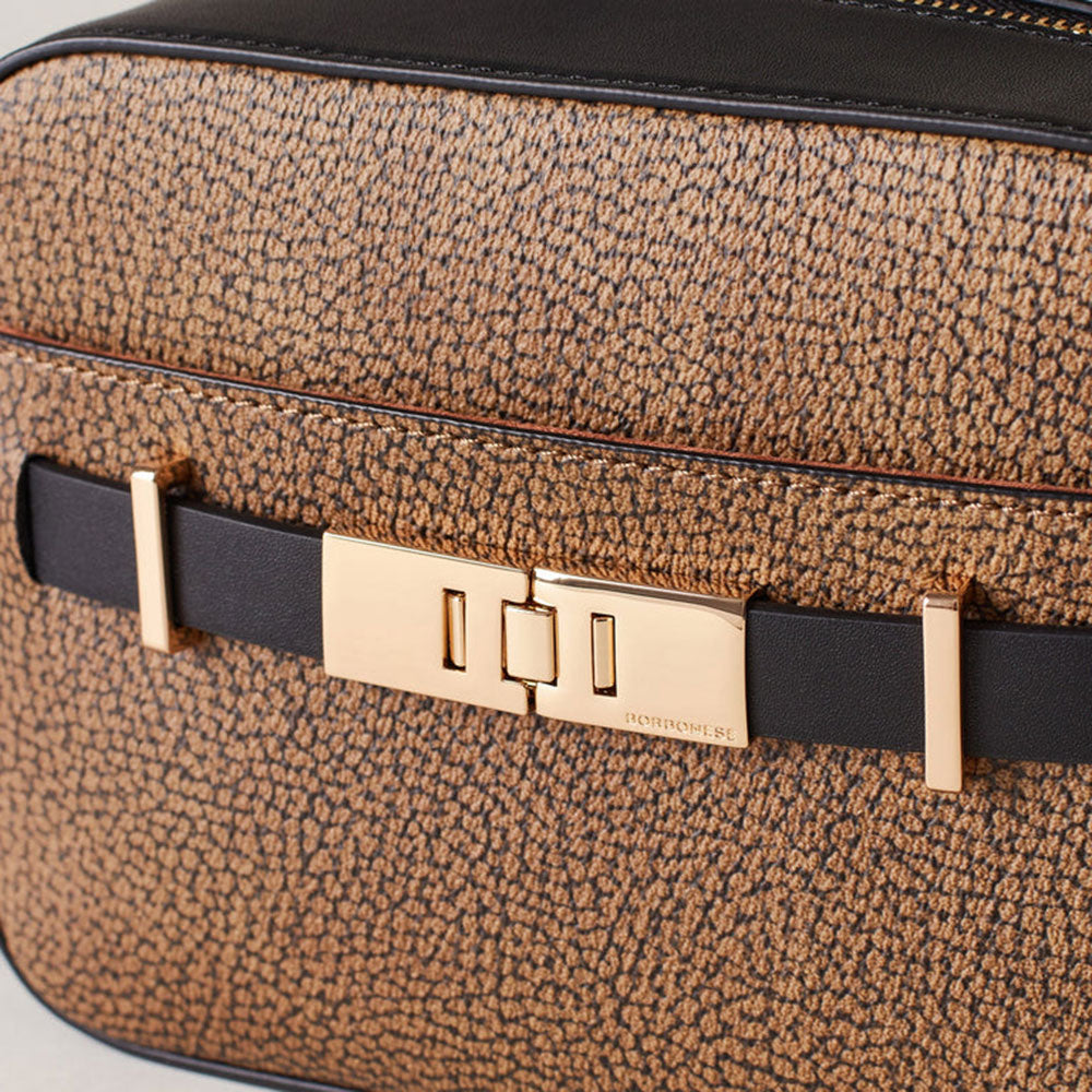 BORBONESE Damen-Kameratasche aus der Out Of Office-Linie aus naturbelassenem OP-beschichtetem Canvas und schwarzem Leder