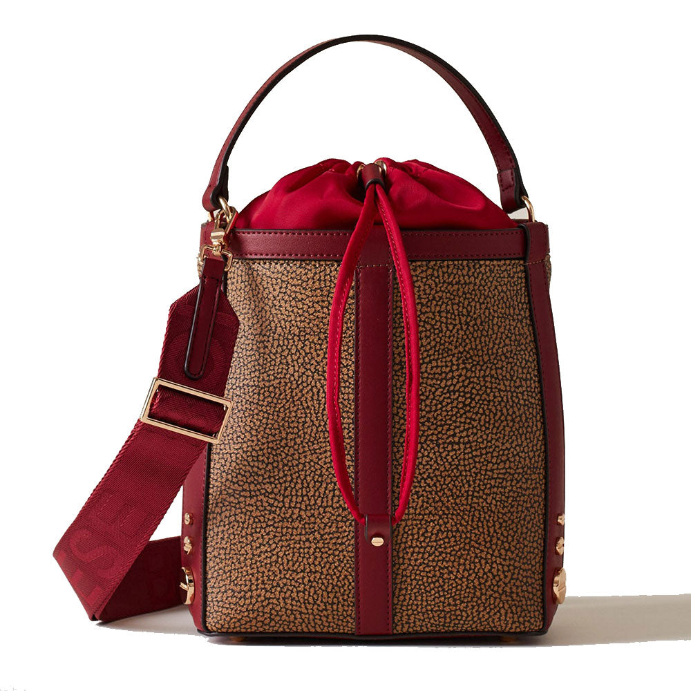 BORBONESE Handgefertigte Bucket Road Small-Linie für Damen aus OP-beschichtetem Canvas und burgunderrotem Leder