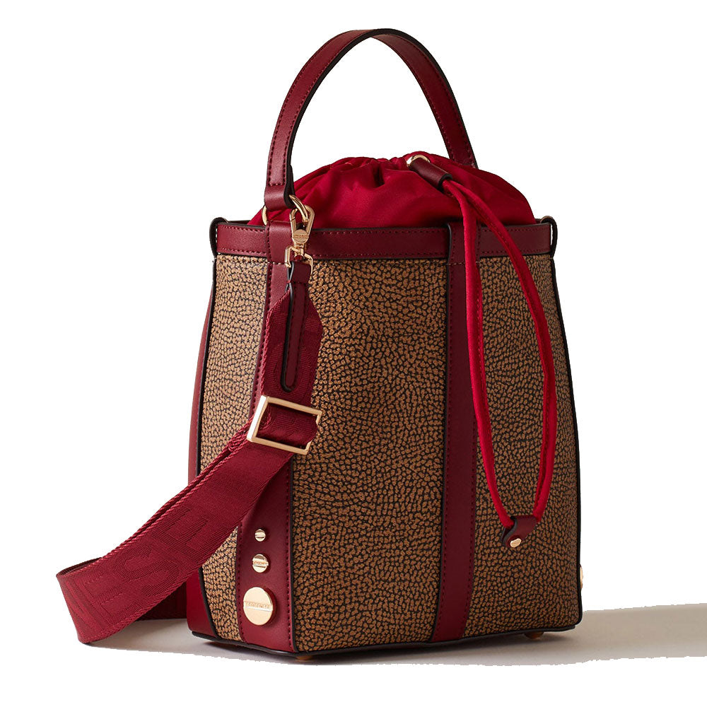 BORBONESE Handgefertigte Bucket Road Small-Linie für Damen aus OP-beschichtetem Canvas und burgunderrotem Leder
