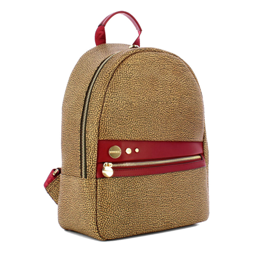 BORBONESE Damenrucksack Road Medium aus OP-beschichtetem Canvas und burgunderrotem Leder