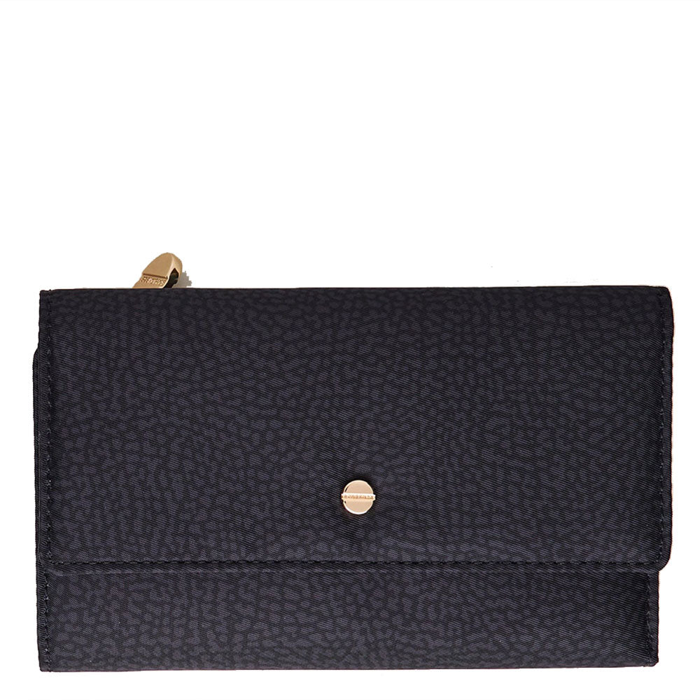 BORBONESE Damenbrieftasche mit Knopf Jet Op Line aus dunkelschwarzem Nylon