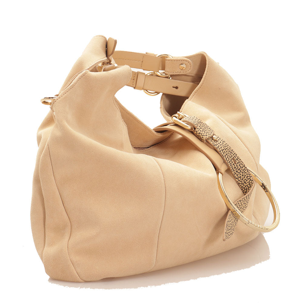 BORBONESE Große Hobo-Damentasche in Beige und natürlichem Wildleder