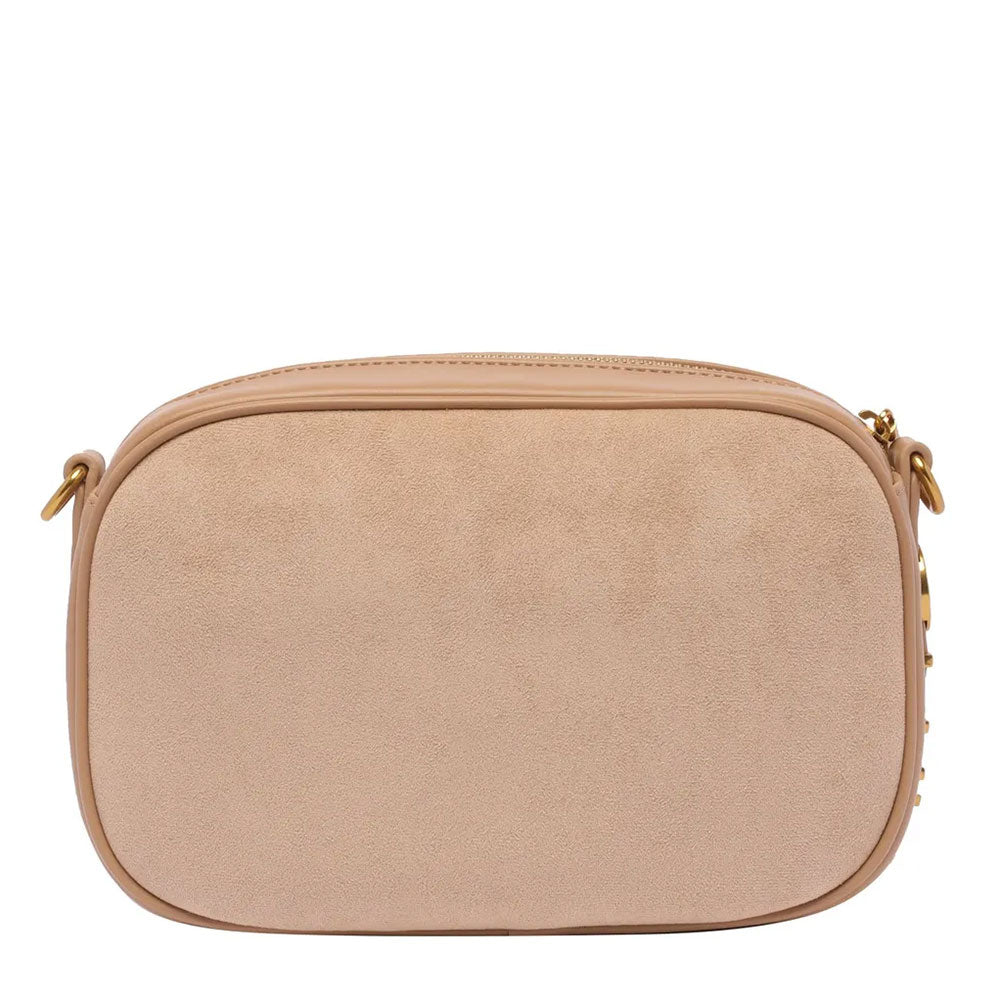 LIU JO Damen-Umhängetasche in Wildlederoptik, Kaffeemilchfarbe mit Metalllogo