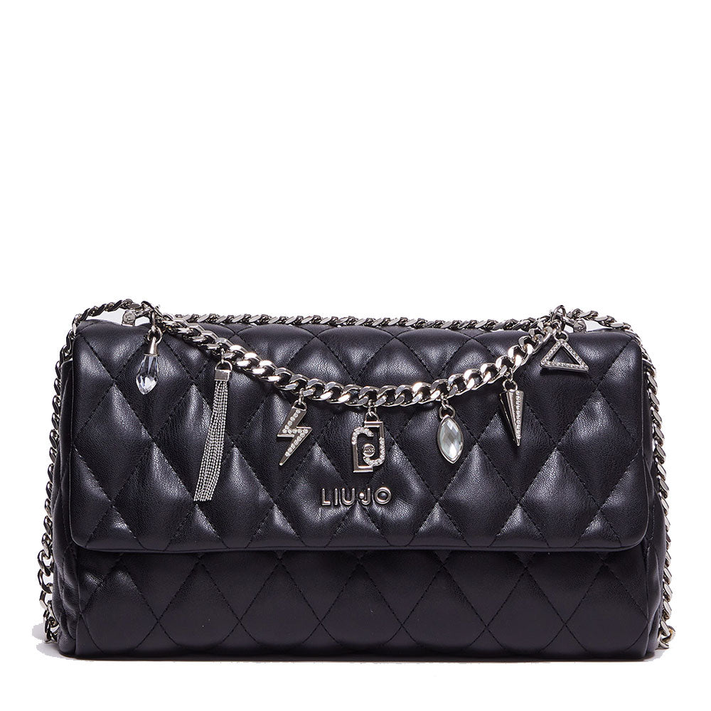 LIU JO Umweltfreundliche schwarze Matelassè Damen-Umhängetasche mit Anhängern