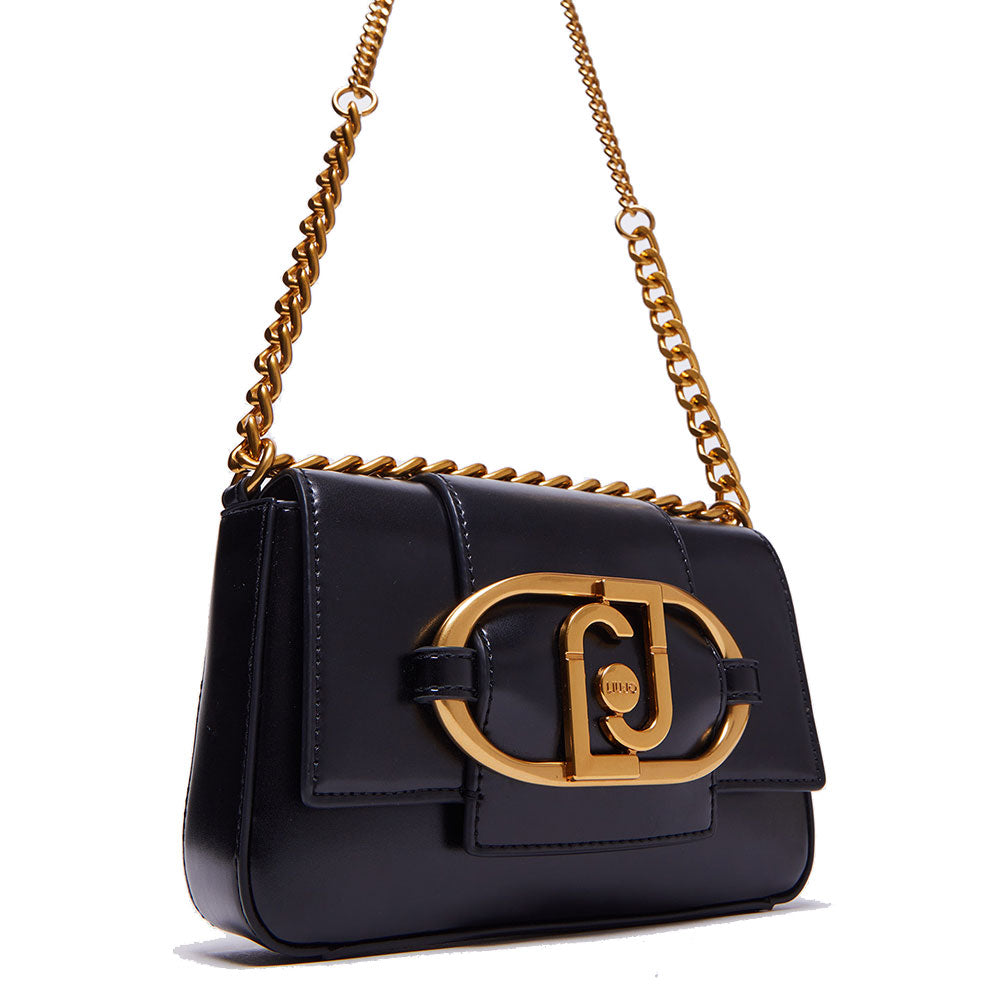 LIU JO Umweltfreundliche, glänzende schwarze Damen-Umhängetasche mit Maxi-Logo