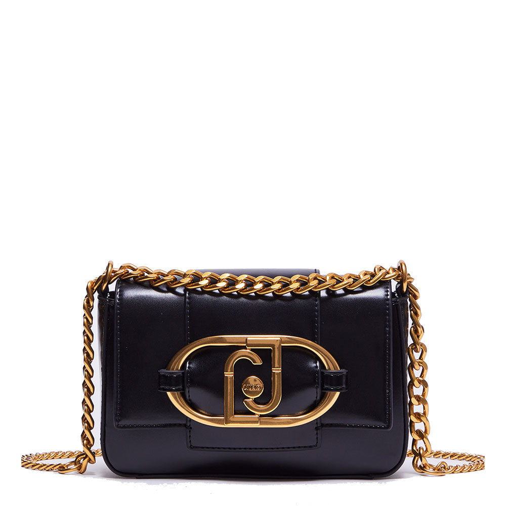 LIU JO Umweltfreundliche, glänzende schwarze Damen-Umhängetasche mit Maxi-Logo