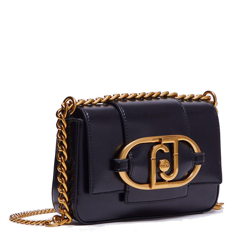 LIU JO Umweltfreundliche, glänzende schwarze Damen-Umhängetasche mit Maxi-Logo