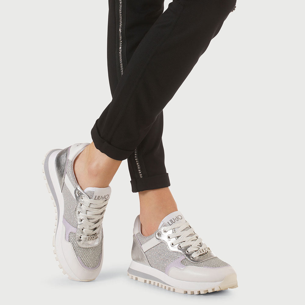 Scarpe Donna LIU JO Sneakers in Pelle e Tessuto Mesh colore Bianco e Argento