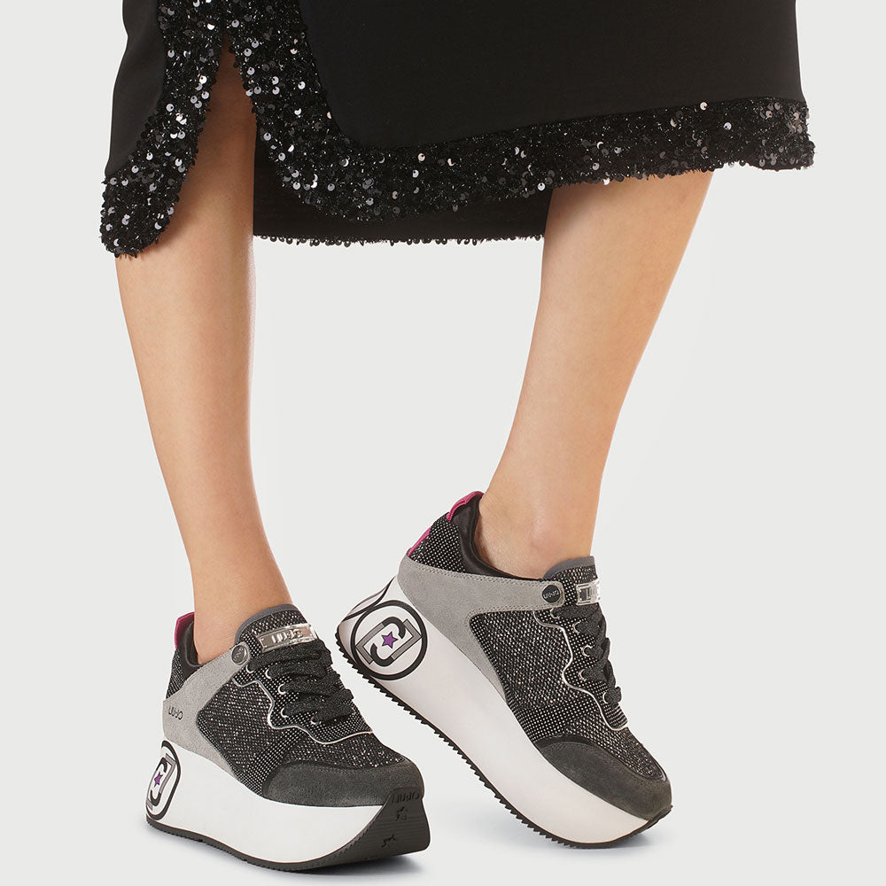 Scarpe Donna LIU JO Sneakers Maxi Platform in Suede e Mesh Glitter Silver