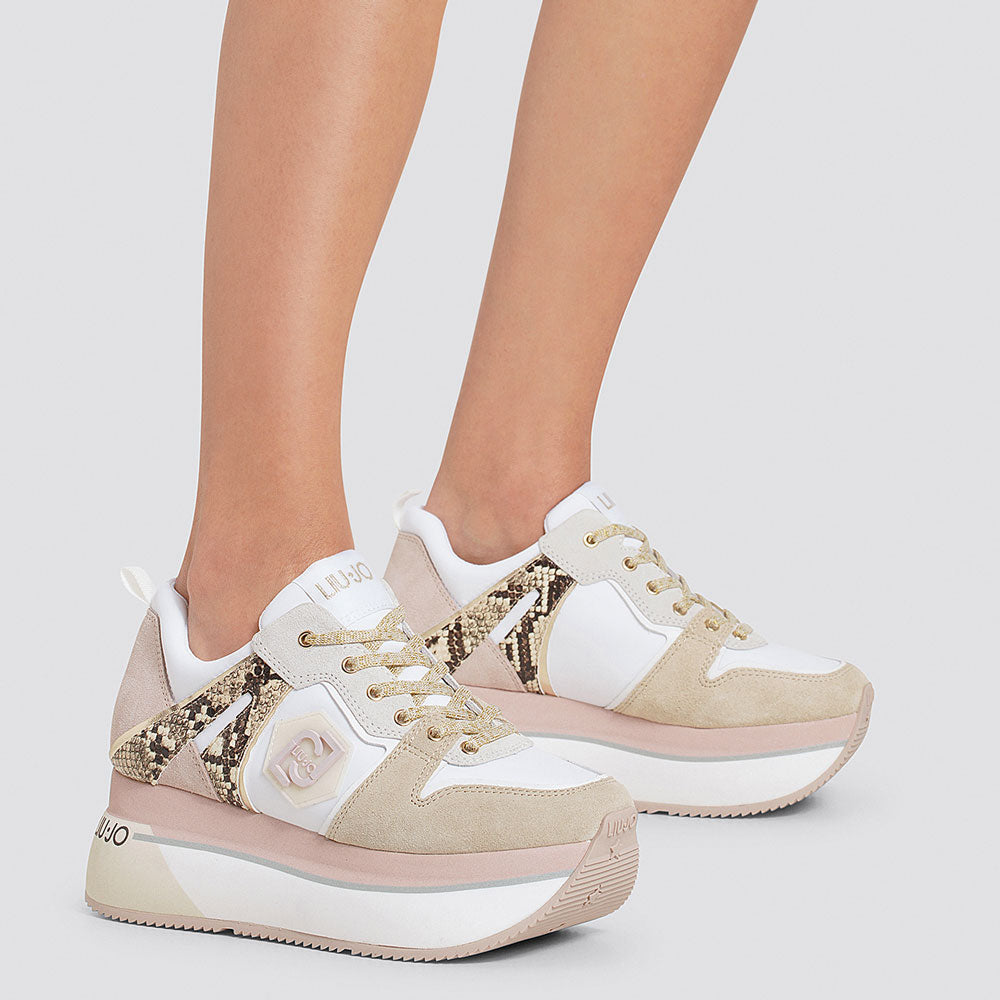 Damenschuhe LIU JO Super Platform Sneakers aus Nylon und Wildleder mit Python-Print in den Farben Phard und Papyrus