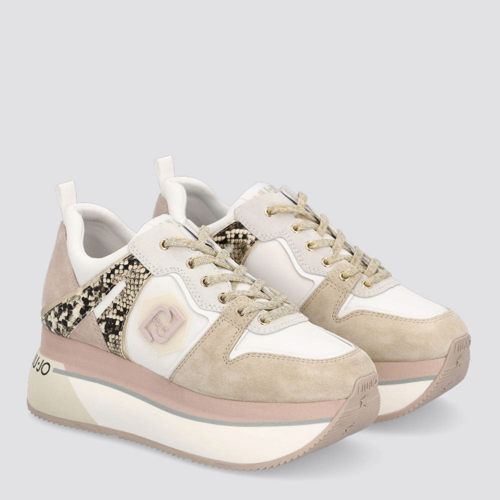 Damenschuhe LIU JO Super Platform Sneakers aus Nylon und Wildleder mit Python-Print in den Farben Phard und Papyrus