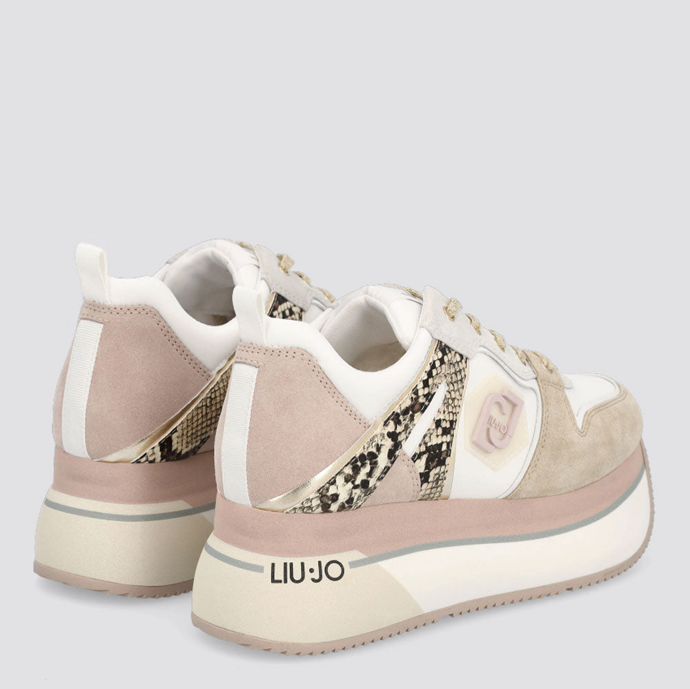 Damenschuhe LIU JO Super Platform Sneakers aus Nylon und Wildleder mit Python-Print in den Farben Phard und Papyrus