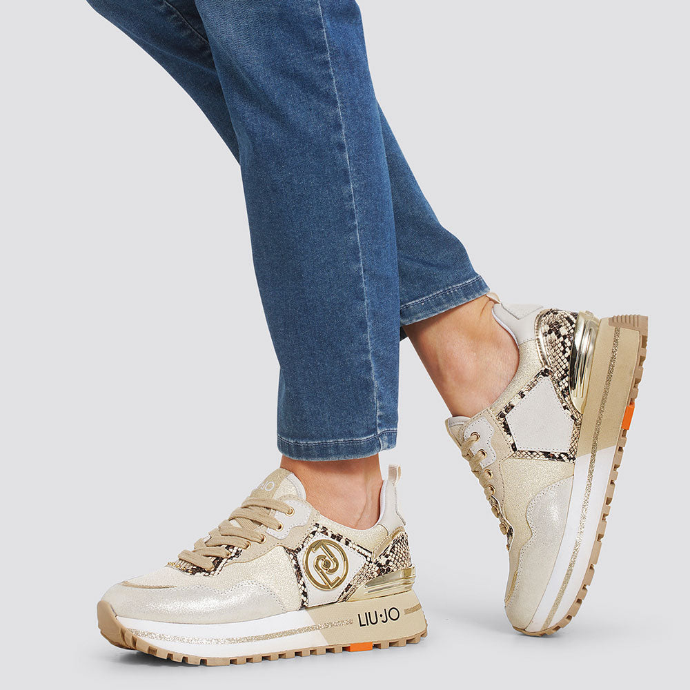 Damenschuhe LIU JO Plateau-Sneaker aus Mesh und Wildleder mit Python-Print in der Farbe Papyrus