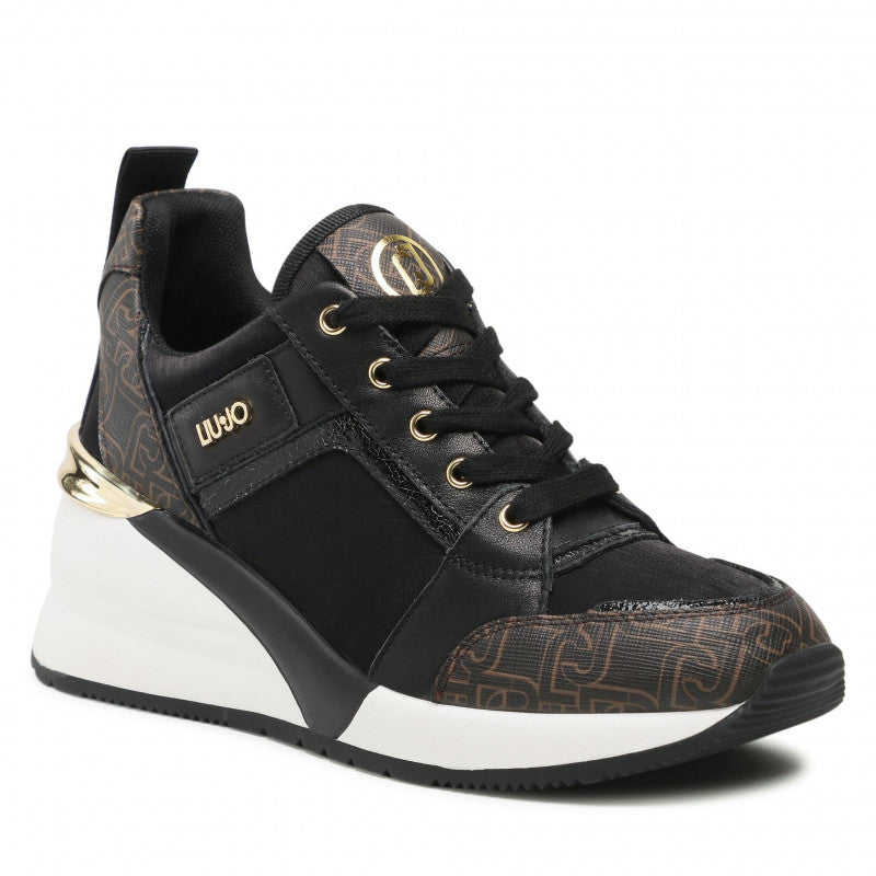 Damenschuhe LIU JO Sneakers mit Keilabsatz aus schwarzem Satin und Details mit Monogramm-Logo