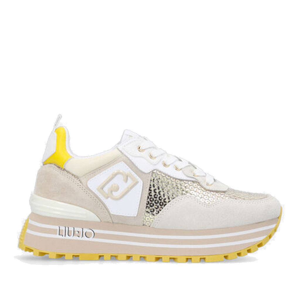 Scarpe Donna LIU JO Sneakers Platform Maxi Wonder 01 in Pelle con Paillettes colore Lamb e Light Gold
