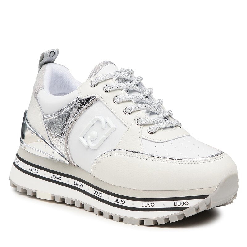 Scarpe Donna LIU JO Sneakers Platform Maxi Wonder 20 in Pelle e Crackle Bianco e Argento