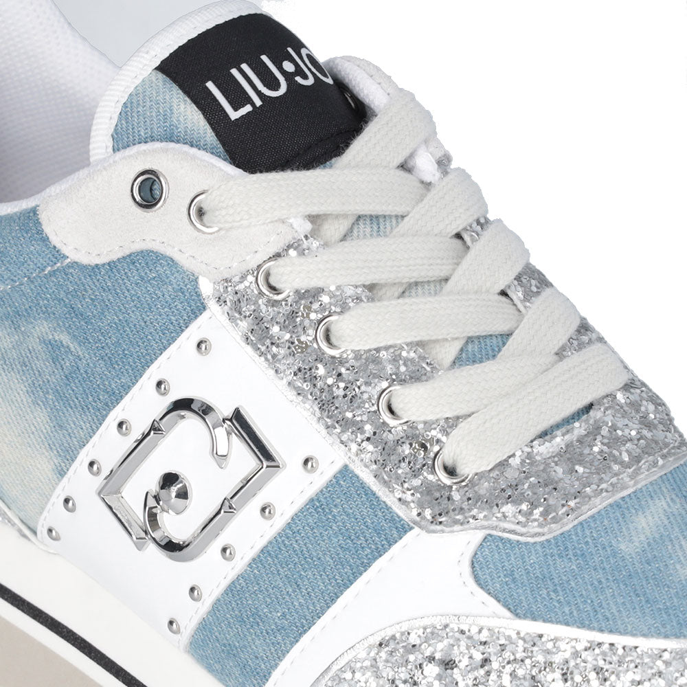 Damenschuhe LIU JO Sneakers Platform Maxi Wonder 71 Denim Wildleder und Glitzer in den Farben Denim und Silber