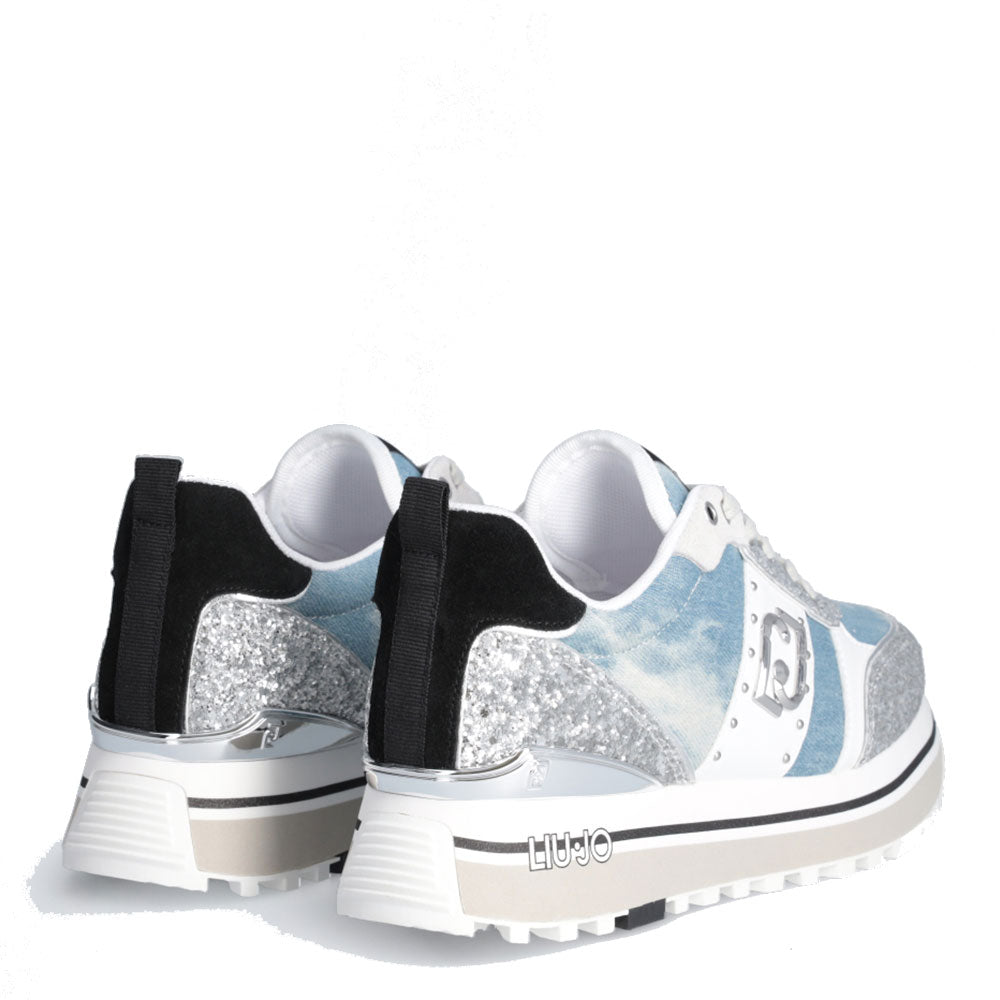 Scarpe Donna LIU JO Sneakers Platform Maxi Wonder 71 Denim Suede e Glitter colore Denim e Silver
