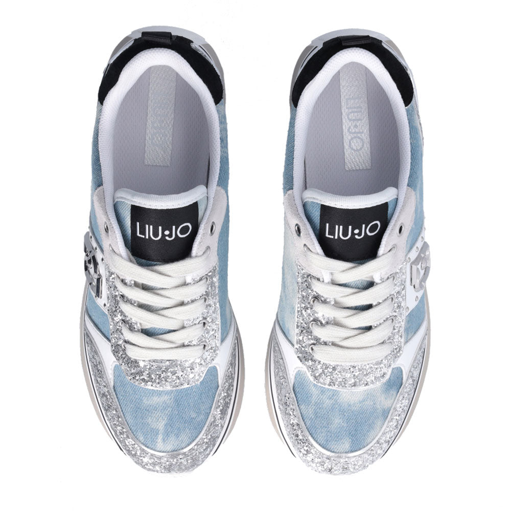 Scarpe Donna LIU JO Sneakers Platform Maxi Wonder 71 Denim Suede e Glitter colore Denim e Silver