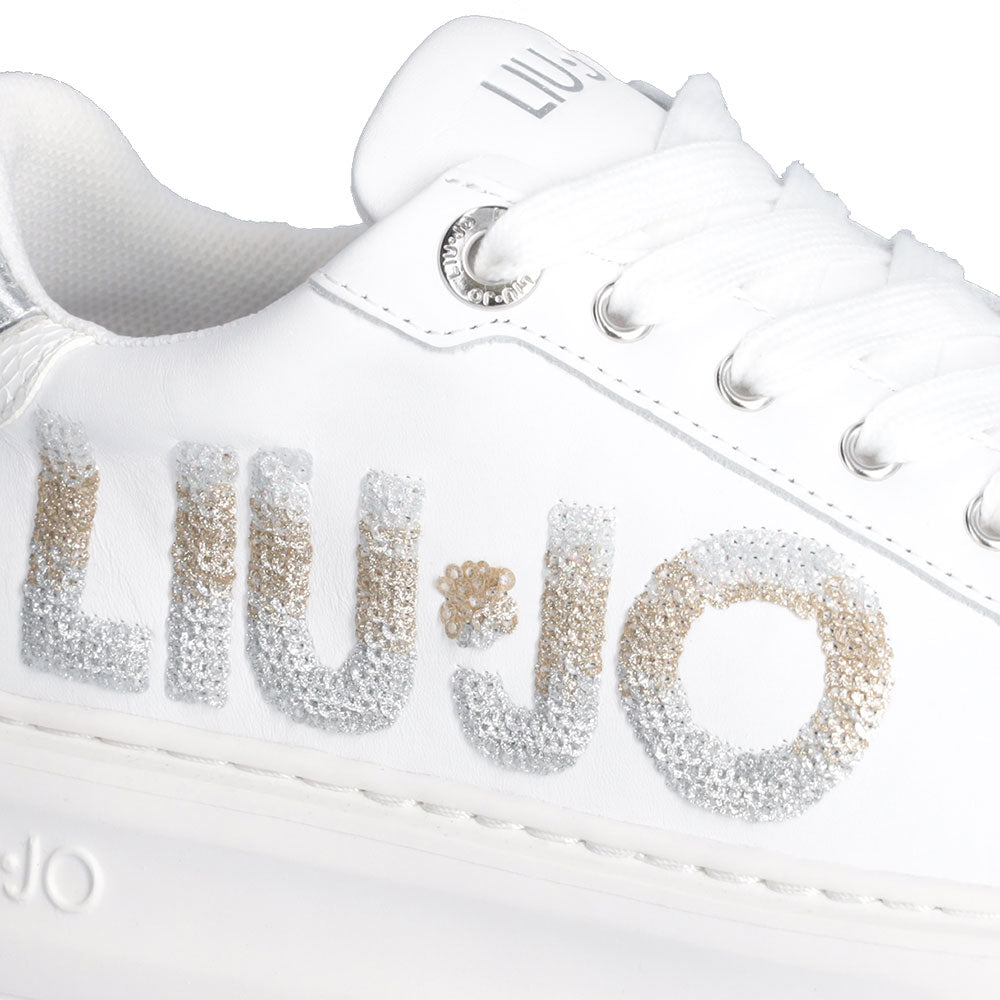 Scarpe Donna LIU JO Kylie 22 Sneakers Platform in Pelle Bianca con Maxi Logo in Paillettes Glitter