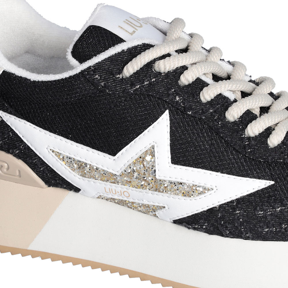 Damenschuhe LIU JO Dreamy 03 Plateau-Sneaker aus Denim und hellem Mesh in Schwarz und Hellgold