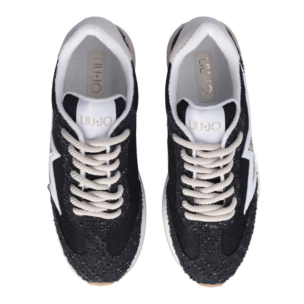 Damenschuhe LIU JO Dreamy 03 Plateau-Sneaker aus Denim und hellem Mesh in Schwarz und Hellgold