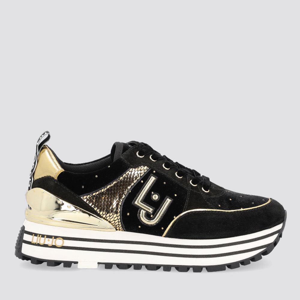 Scarpe Donna LIU JO Sneakers Platform in Suede e Velluto Nero con Pois Oro