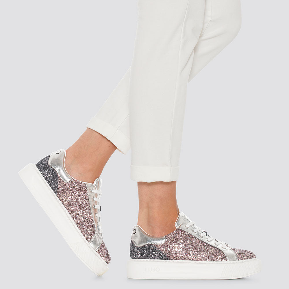 Damenschuhe LIU JO Weiße Sneakers mit rosa Glitzer