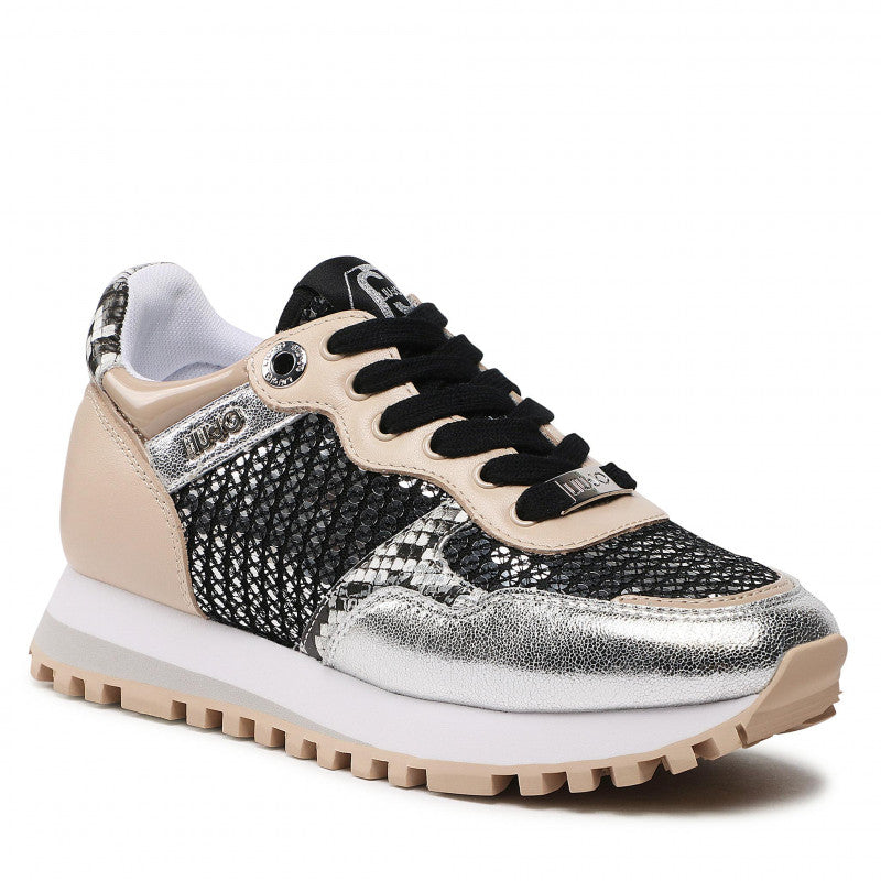 Damenschuhe LIU JO Wonder 01 Sneakers aus Pailletten und Crackle-Leder in den Farben Silber und Nude