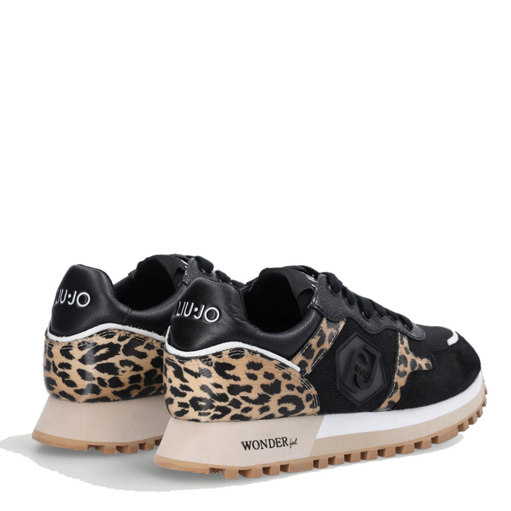 Scarpe Donna LIU JO Sneakers Wonder 25 in Mesh Glitter e stampa Animalier colore Nero e Leopard