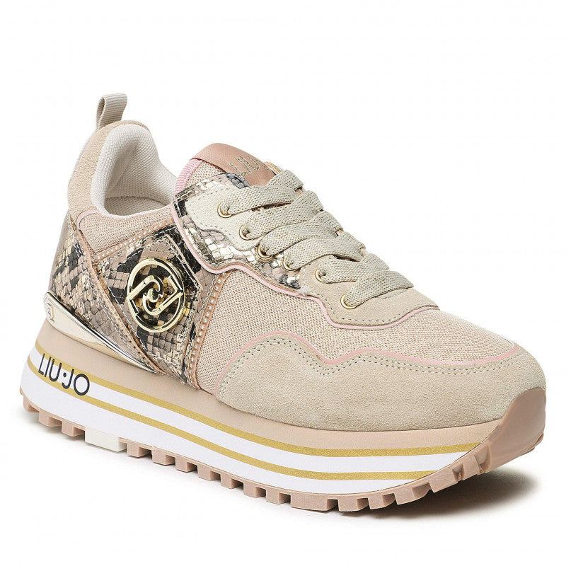 Damenschuhe LIU JO Wonder 24 Plateau-Sneaker aus Wildleder-Mesh und Einsatz mit Python-Print in der Farbe Hellgold