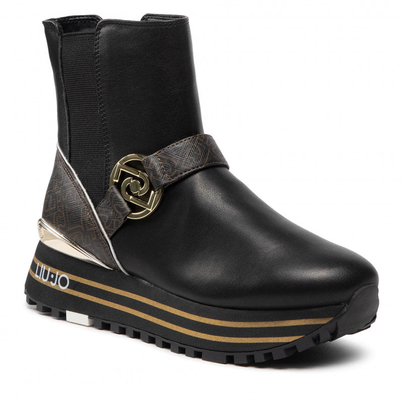 Damenschuhe LIU JO Boot Wonder 49 Sneakers aus schwarzem Leder mit braunen Monogrammeinsätzen